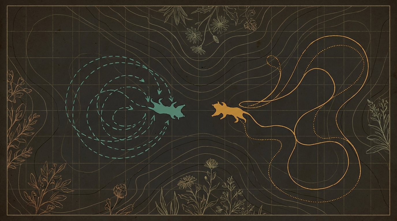 Stylized overhead map of a small natural field with two creature silhouettes — one teal making a tight inward spiral, one amber tracing a wide outward looping path — over a grid and faint contour lines, with line-art plant motifs in the corners.