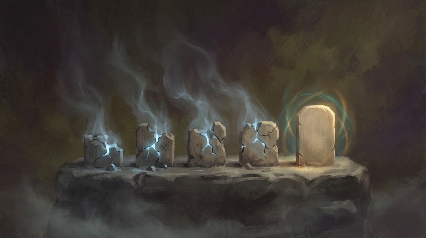 Five stone tablets on a stone plinth: four are crumbled into rubble with smoke rising from them; the fifth stands intact, surrounded by a soft teal-and-amber dual aura.