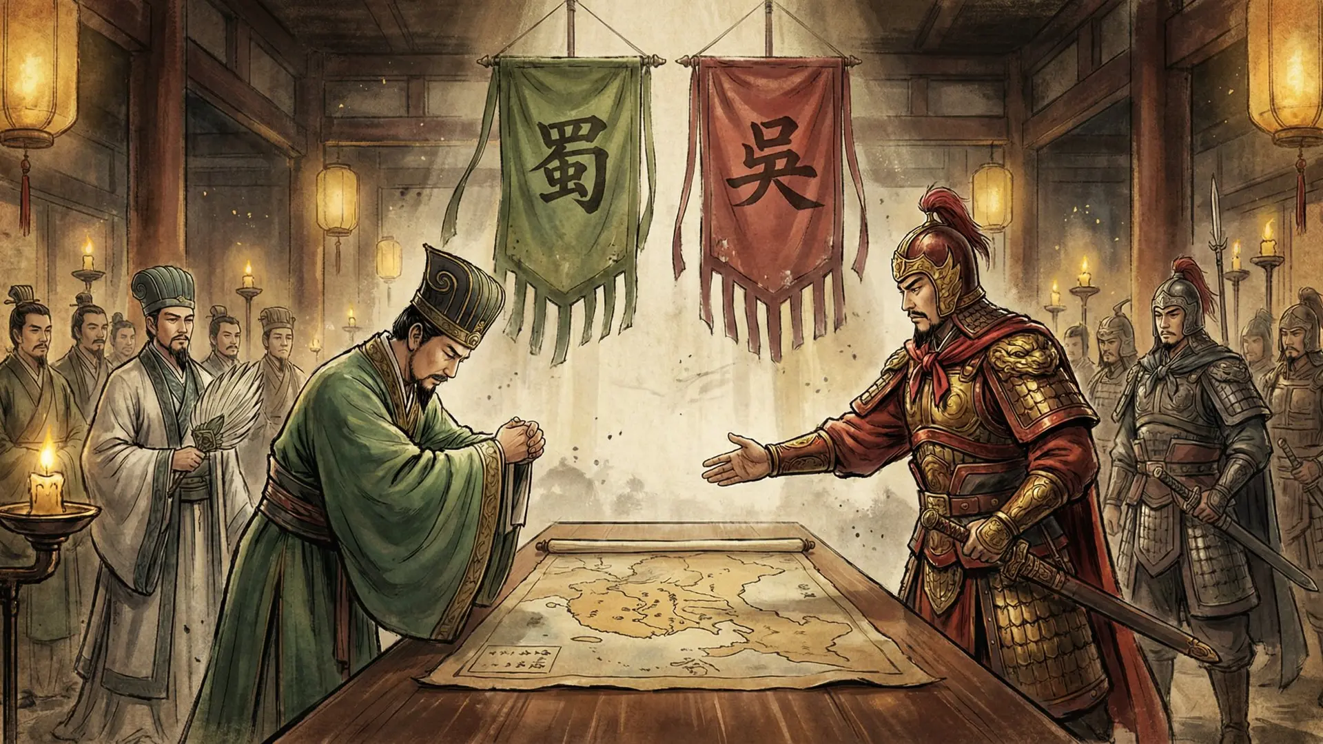 Alliance — Liu Bei and Sun Quan unite against Cao Cao