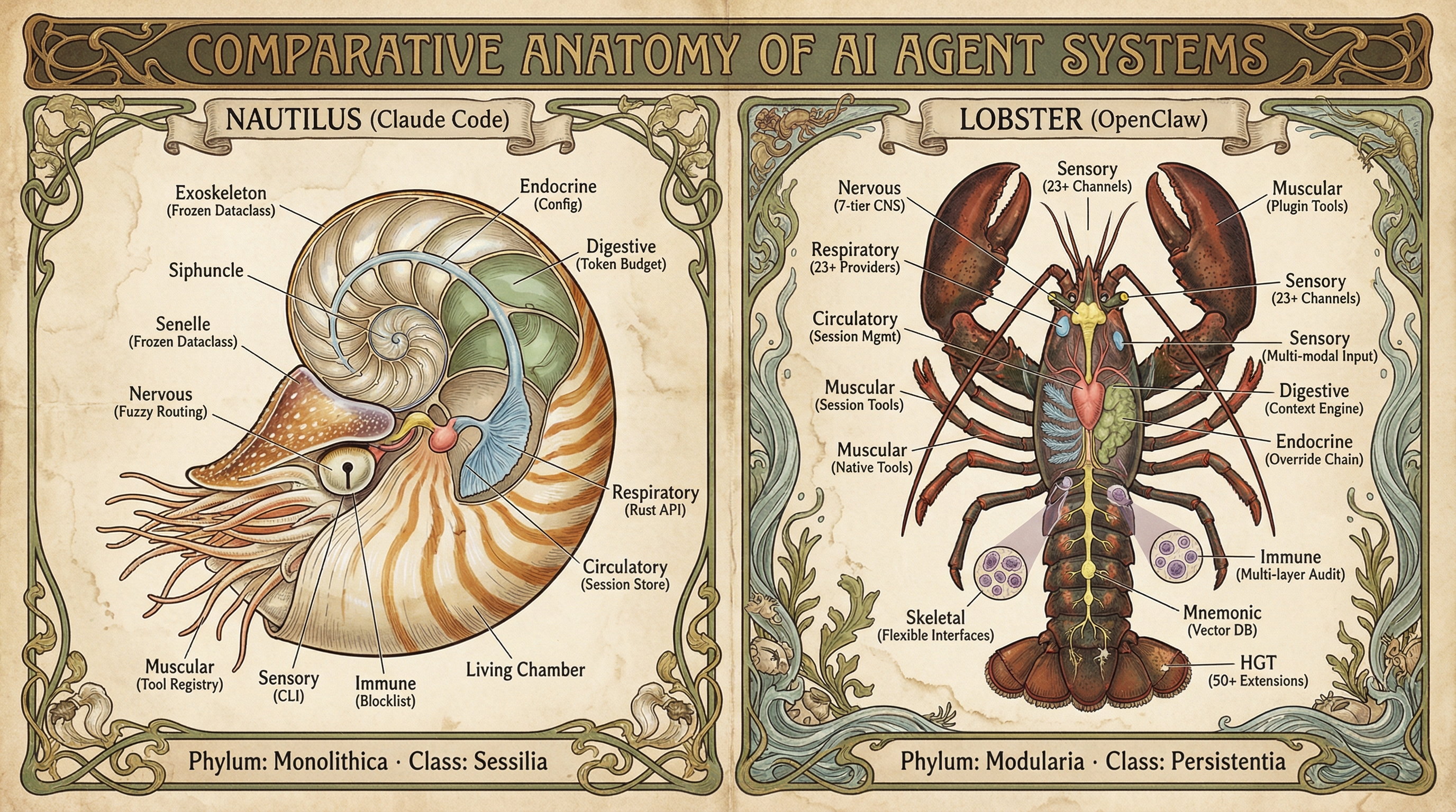 Comparative Anatomy — Nautilus (Claude Code) vs Lobster (OpenClaw)